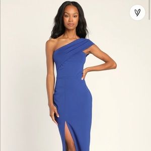 Transcend Time Royal Blue One-shoulder Bodycon Midi Dress